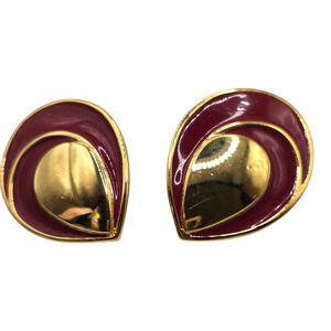 Vintage Monet Clip-On Earrings Gold Tone Red Enamel Teardrop Swirl Statement